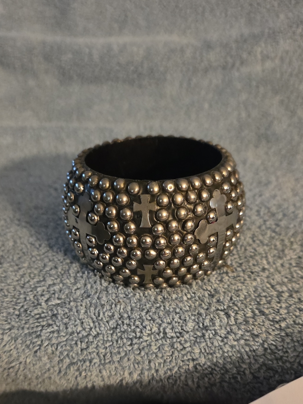 Studded Cross Bangle Bracelet -silver Tone And Wood